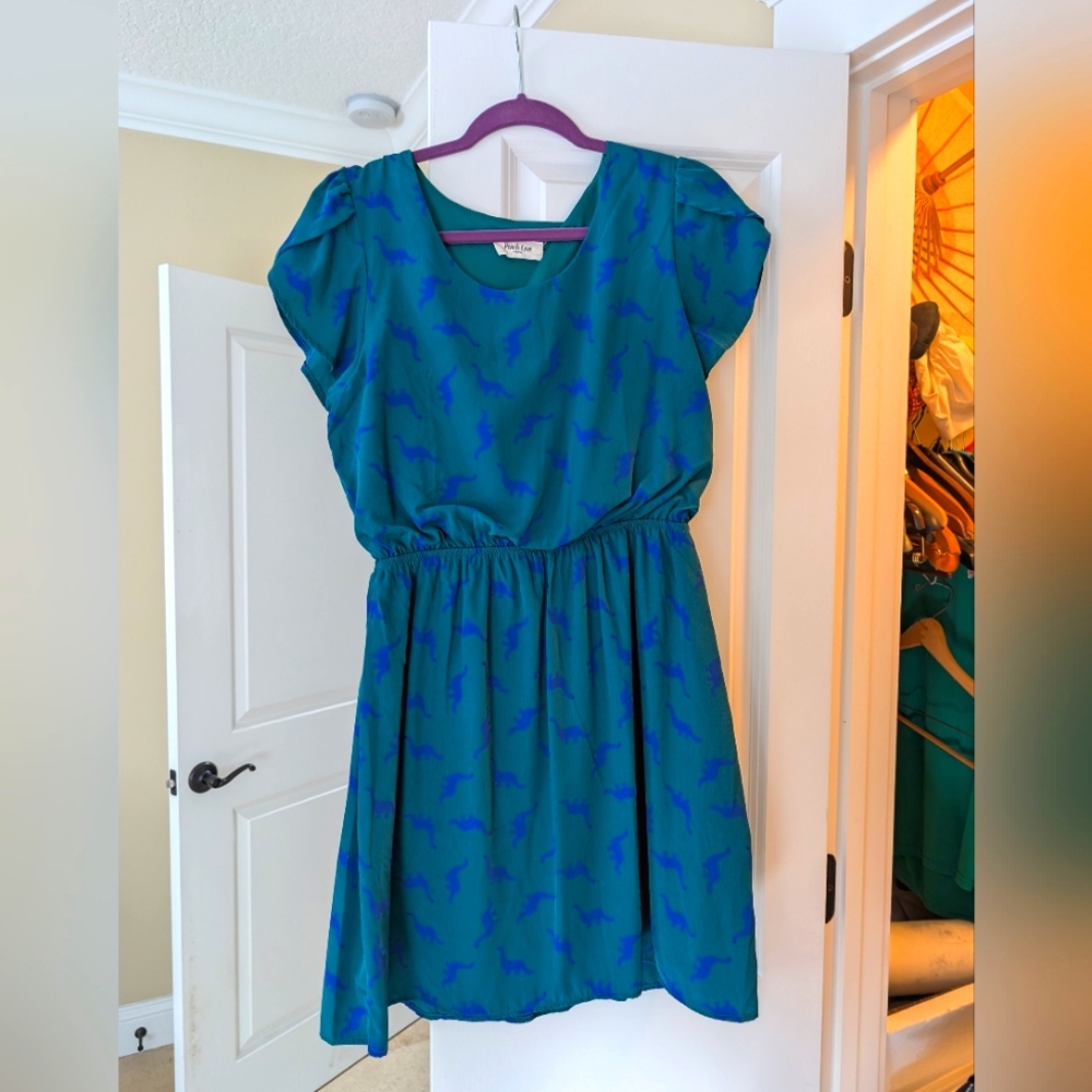 Peach Love California Dinosaur Print Sundress in Whimsical Teal and Navy
